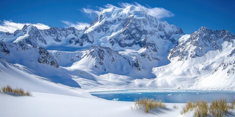 Majestic Snow-Covered Mountain Range with Pristine Blue Lake and Clear Sky in Winter Wonderland Landscape Perfect for Travel Nature Photography Wallpapers