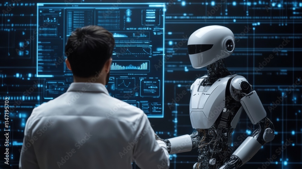 Aufkleber collaboration between human and ai in a futuristic workspace enhances productivity and innovation. g