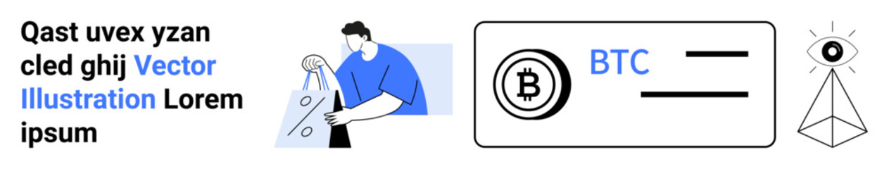 Cartoon figure handling oversized cryptocurrency coins, digital BTC card with Bitcoin logo, eye monitoring blockchain pyramid. Ideal for fintech, blockchain tutorials, trading, investment, security