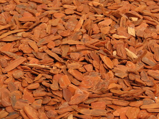 Polished pine bark nuggets over the ground. Different textures of pine bark mulch. Pine bark is an...