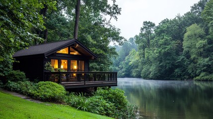 Lakeside cabin at dusk, lit windows, tranquil setting.