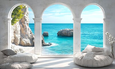 Luxury stone window frames in Italy offer views of a rocky beach and teal blue Mediterranean waters