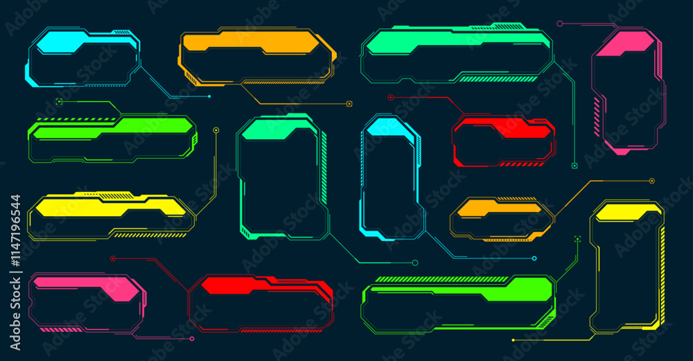 Poster futuristic hud or ui elements. sci-fi user interface text boxes, callouts. colorful warning message 
