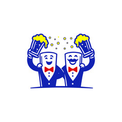 two flat headed person holding beers celebrating success.