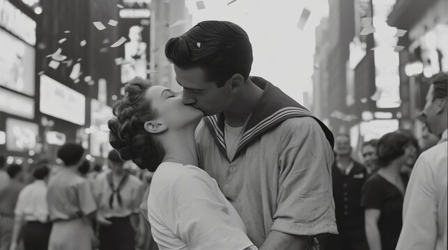 A sailor passionately kissing a nurse in Times Square, surrounded by a jubilant crowd celebrating the end of World War II
