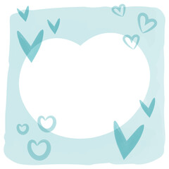 色々な形のハートのデコレーションと白のハートフレームとブルーの水彩背景 ホワイトデー
