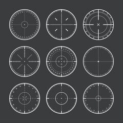 Various sniper rifle sights with degree scale, weapon optical scope crosshair. Hunting gun viewfinder. Shooting mark symbol, aim. Military target sign. Game interface UI element. Vector illustration