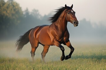 Fototapeta premium A majestic brown horse galloping through a misty field at dawn.