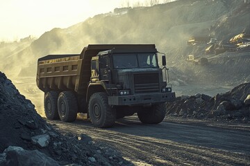 A heavy-duty dump truck navigates a dusty construction site.