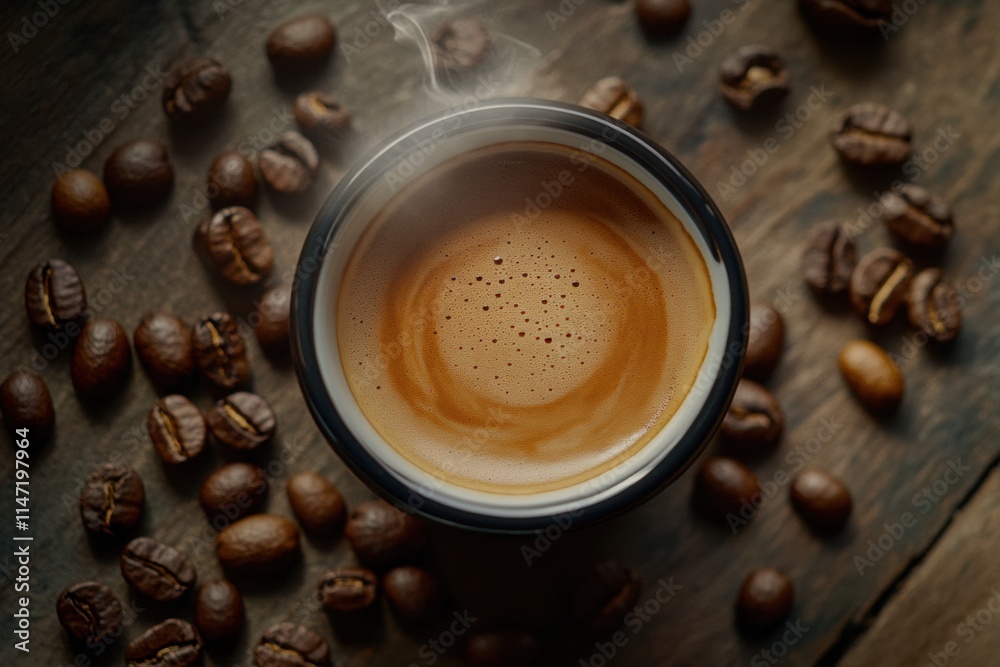 Poster enjoying a close up view of steaming coffee in a cup surrounded by coffee beans on a wooden surface.