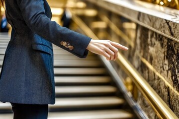 A hand gesturing towards a decorative railing near a staircase.