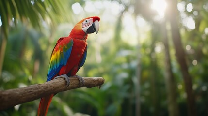 Obraz premium Colorful macaw perched on branch in lush tropical rainforest.