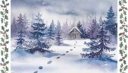 Hand-painted watercolor Christmas card with winter landscape and delicate snowfall
