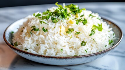 Fluffy white rice garnished with parsley in a bowl.