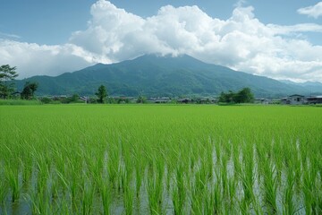 Fototapeta premium A lush green rice field with a mountainous backdrop under a cloudy sky.