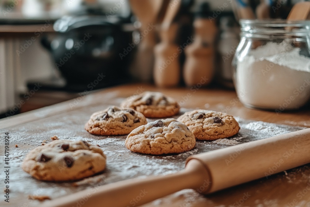 Poster freshly baked chocolate chip cookies cooling on the kitchen countertop with copy space for text. gen