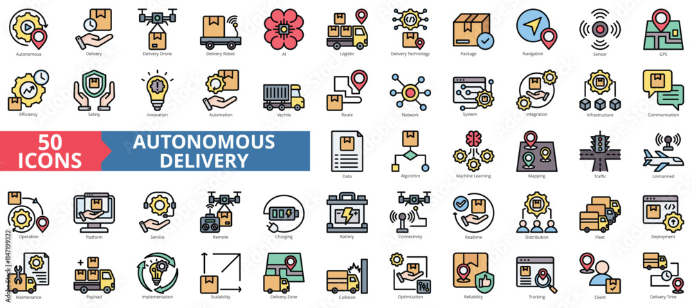 Poster autonomous delivery icon collection set. containing drone, robot, ai, logistic, technology, package,