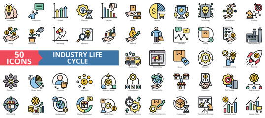Industry life cycle icon collection set. Containing innovation, introduction, growth, maturity, decline, product, market, competition, technology icon. Simple flat outline vector illustration.