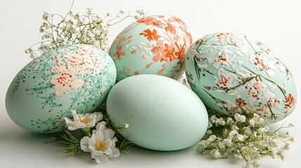 Fototapeta premium Four pastel Easter eggs decorated with floral patterns, surrounded by baby's breath flowers.