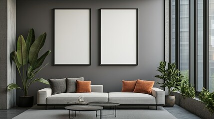 Mockup frame in a minimalist interior, gray room with contemporary furniture, featuring open space and clean lines for modern living, 3D render