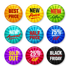 Realistic funky badges with text. Product promotion, sale. Special offer. Glossy round button. Pin badge mockup. Vector illustration