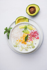 Mixed Ice, made from gelatin, tapioca pearls, ice, young coconut, sugar syrup, mixed fruit and coconut milk or milk. hemp during the month of Ramadan. Indonesian street food.