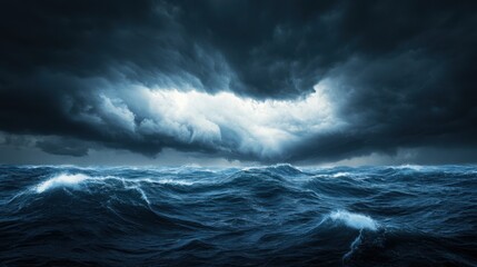 Dark and Stormy Ocean Waves Under Dramatic Sky with Heavy Clouds and Turbulent Waters at Dusk