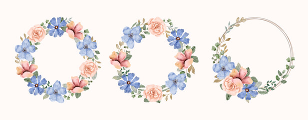 beautiful blue pink floral watercolor wreath collection