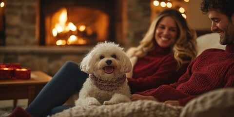 Friends enjoy cozy holiday moments by the fireplace with their dog