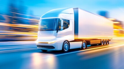 Semi-truck driving on a highway at high speed, symbolizing modern transportation and logistics.