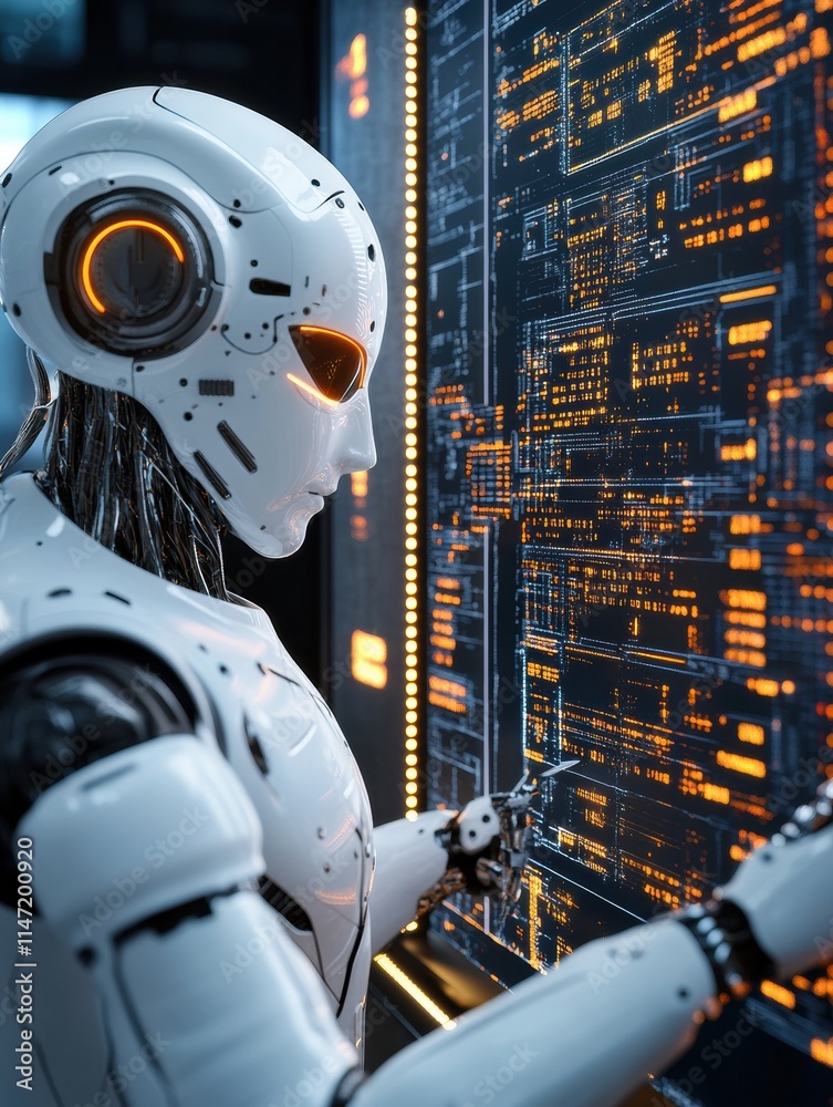 Poster Human and AI teamwork enhancing workflow efficiency in a futuristic technology hub. Generative AI
