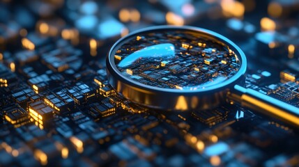 A magnifying glass rests on a circuit board with glowing lights, highlighting a blue chip.