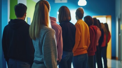 A group of young people stand in a line in a school hallway, waiting to enter a classroom.