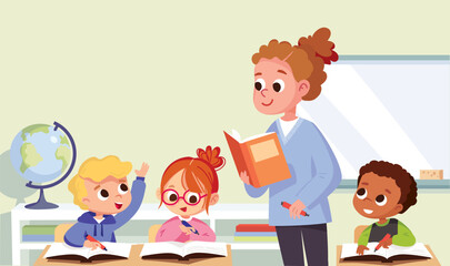 Teacher explaining lesson, introducing the subject to kids, gives a lecture. Pupils listen to teacher. Classroom with pupils and teacher.  student raised hand to answer question, wants answer question