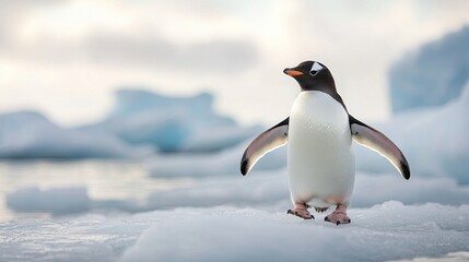 Obraz premium Single penguin waddling on an icy Antarctic landscape, animal outdoor background