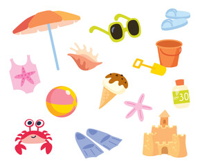 Сollection set colorful summer and  beach related icons objects items for kids.  sea coast summer vacation set