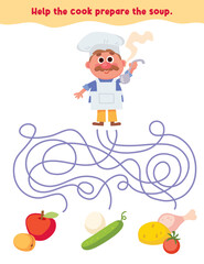 Maze with cook the chef and vegetables. Labyrinth Game with tangled line. Puzzle.