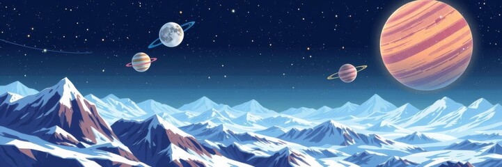 Pixel art space planet background of icy landscape with mountains and stars, 8 bit video game galaxy area, location, space, planets
