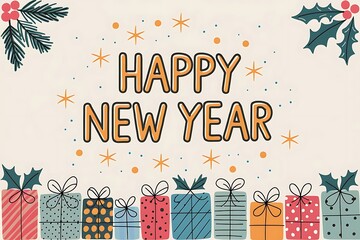 Happy New Year Greeting Card with Festive Gifts and Decorations