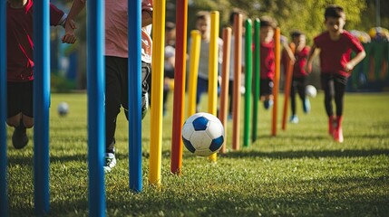 Soccer Players Running With Balls in Between Training Poles. Football Practice Session for Youth Sports Club