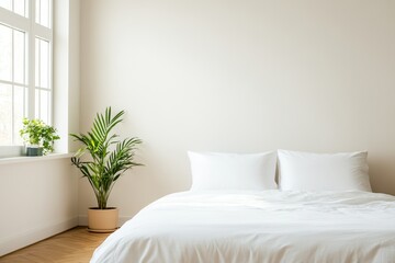 A serene bedroom with a large bed, white linens, and a potted plant by the window.