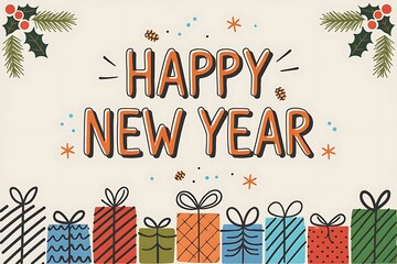 Happy New Year Greeting Card with Festive Gifts and Decorations