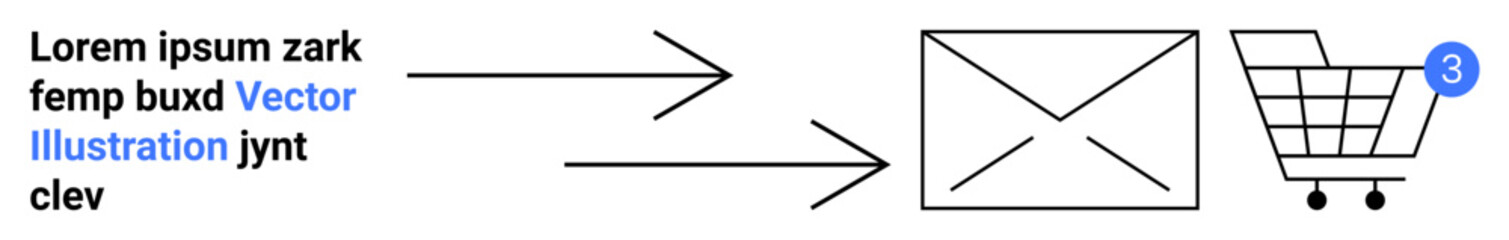Three arrows pointing from text to email and shopping cart with notification badge. Ideal for e-commerce, digital marketing, email campaigns, online shopping, notifications, workflow automation
