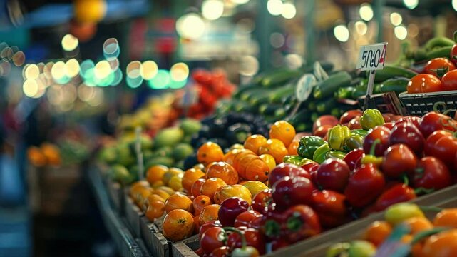Distorted glimpse of a busy farmers market filled with bountiful produce.