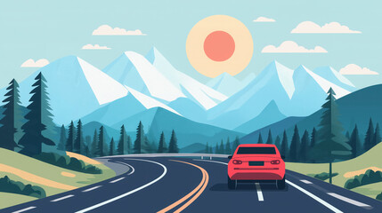 Car Driving on a Highway in Summer with Mountains and the Sun in the Background: A Scenic Journey
