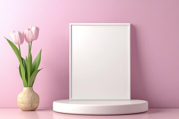 A minimalist display featuring a blank frame and a vase of tulips against a pink background.