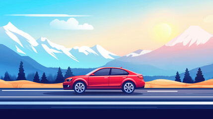 Fototapeta premium Car Driving on a Highway in Summer with Mountains and the Sun in the Background: A Scenic Journey