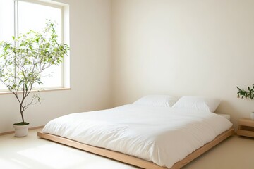 A minimalist bedroom featuring a bed, natural light, and indoor plants for a serene atmosphere.