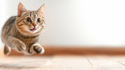 A playful cat leaping across a wooden floor in a bright setting.