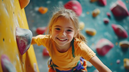 Teenage girl at indoor climbing wall. Kid having fun at bouldering wall. Child learning at climbing class. Sports healthy lifestyle. Youth at climbing summer camp Ãâ€”ÃÂ³ÃÂ¾Ã‘â‚¬ÃÂ½Ã‘Æ’Ã‘â€šÃÂ¸